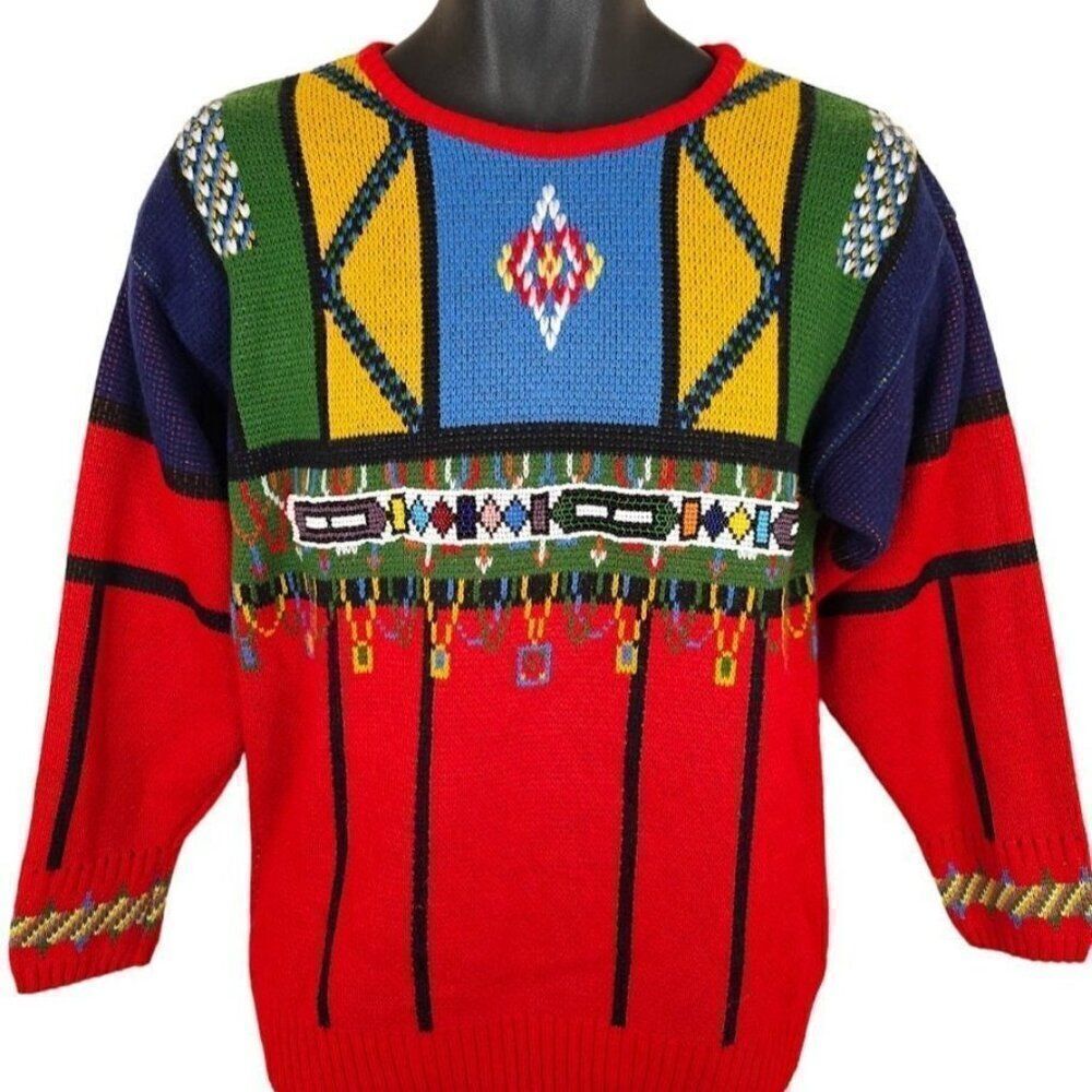 Vintage Afrika Sweater Womens Size Small Red 80s BeaDazzle Abstract Beaded
